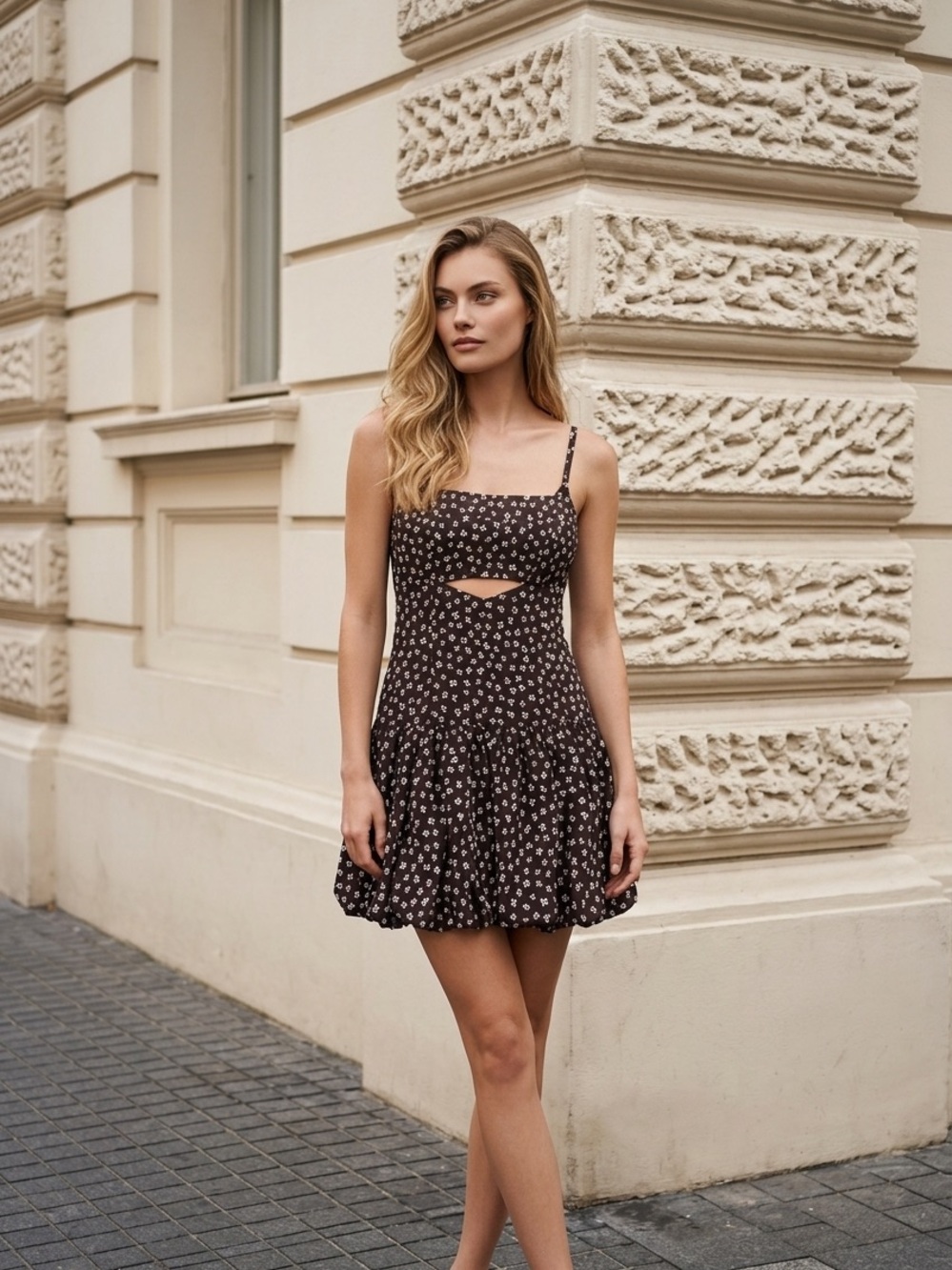 Le Lis Black Floral Mini Dress with Front Cutout and Spaghetti Straps
